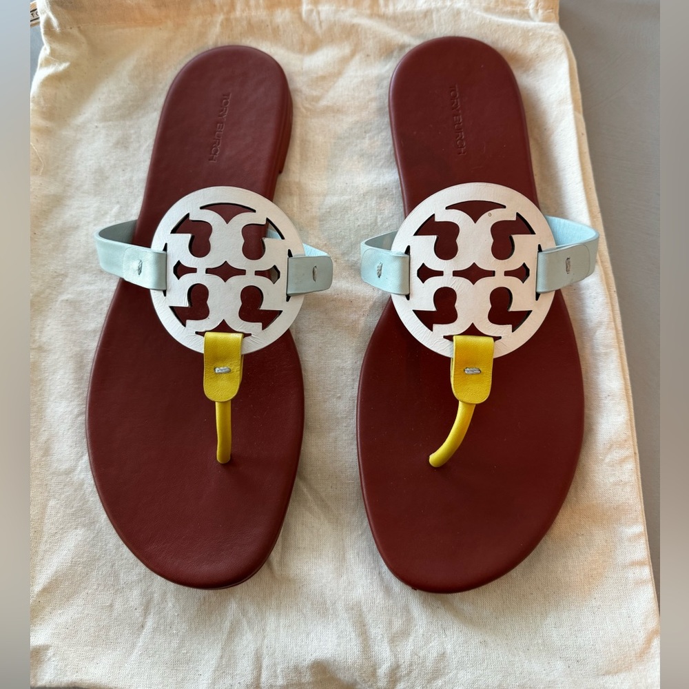 Tory Burch Miller Blue and Yellow with White Sandals: 10.5 w/dust bag. Like New.